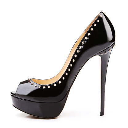 Black Platform Peep Toe Stiletto Pumps With Rivet