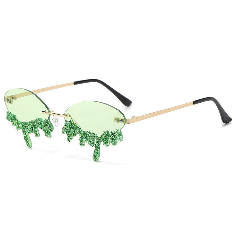 Rhinestone Tear Shape Rimless Sunglasses