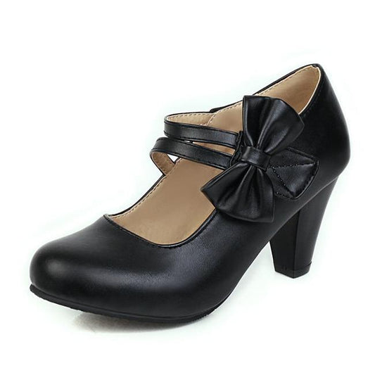 Bow Round Toe Mary Jane Chunky Heel Pumps