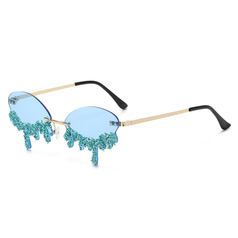 Rhinestone Tear Shape Rimless Sunglasses