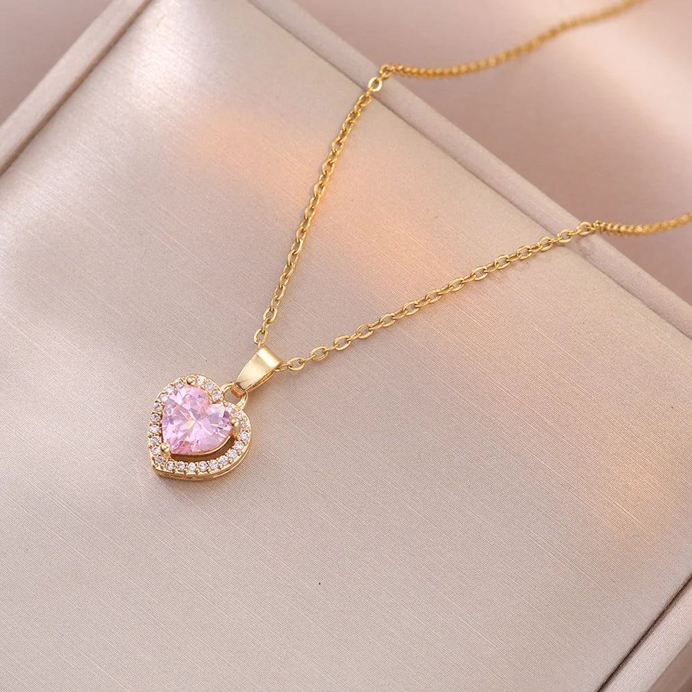 Gold Sissy Heart Pendant – Pink Crystal Feminization Necklace