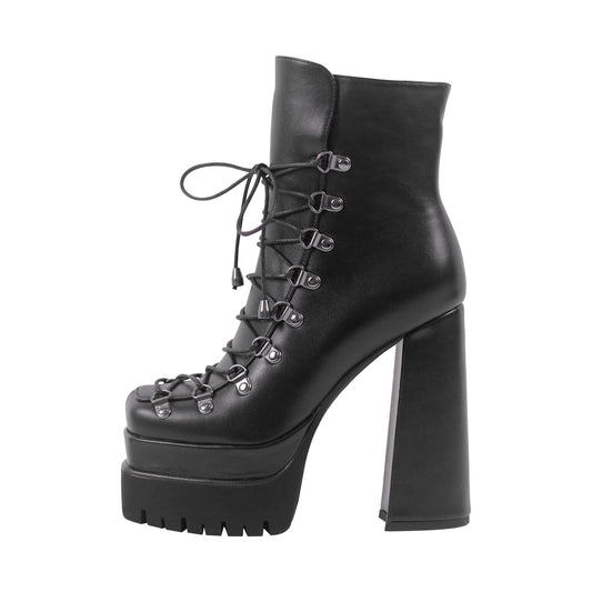 Double Platform Side Zipper Lace-up Ankle Boots