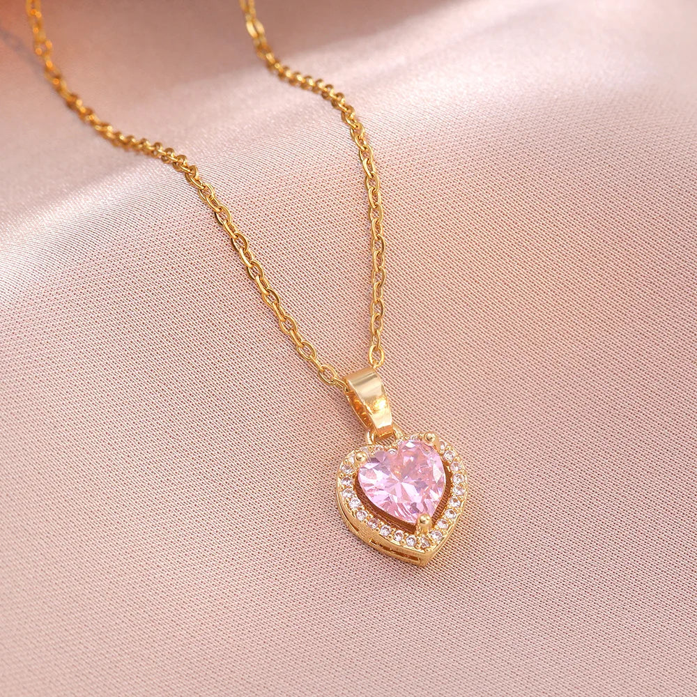 Gold Sissy Heart Pendant – Pink Crystal Feminization Necklace
