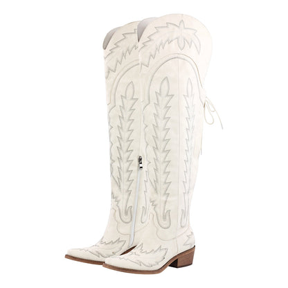 Embroidery Back Lace-up Over The Knee Western Boots