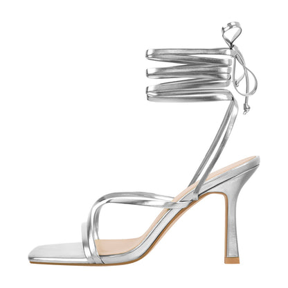 Metallic Leather Strap Square Toe High Heel Sandals