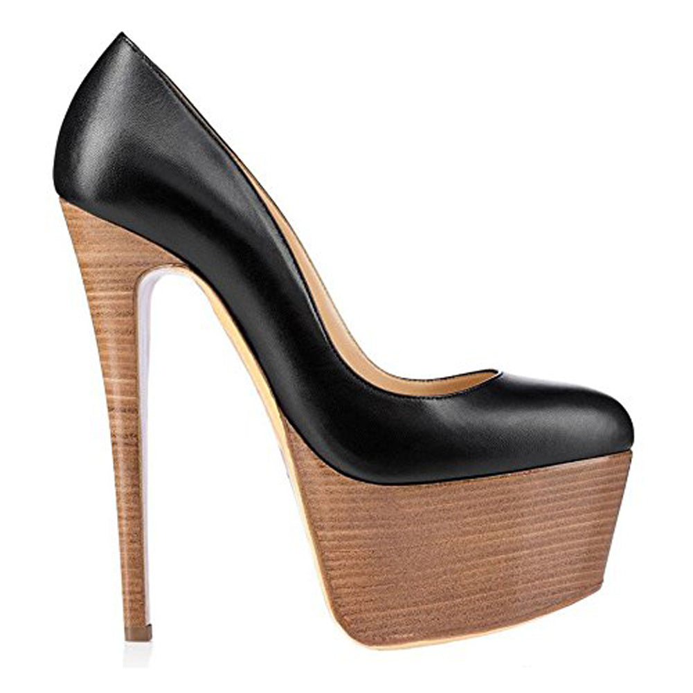 Rounde Toe Platform Wood Grain Stiletto High Heels Pumps