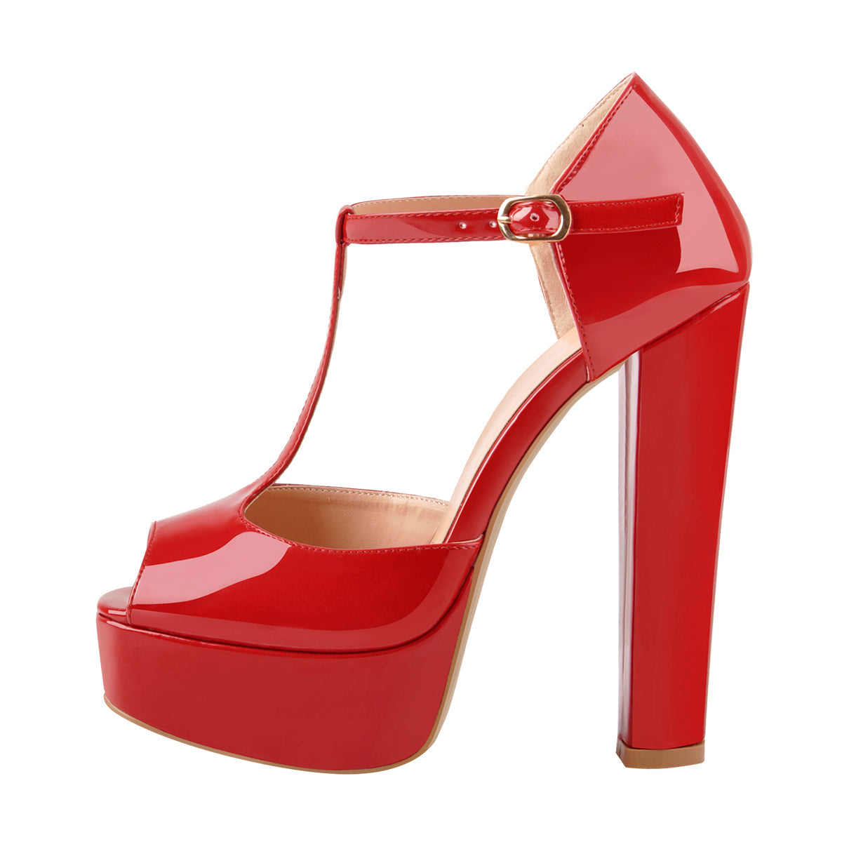 T Strap Peep Toe Platform Patent Chuncky High Heel Sandals