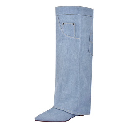 Wedge Heel Denim Fold Over Boots