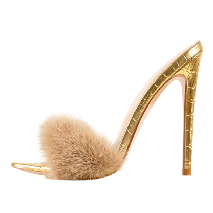 Gold Feather High Heel Stilettos Sandals