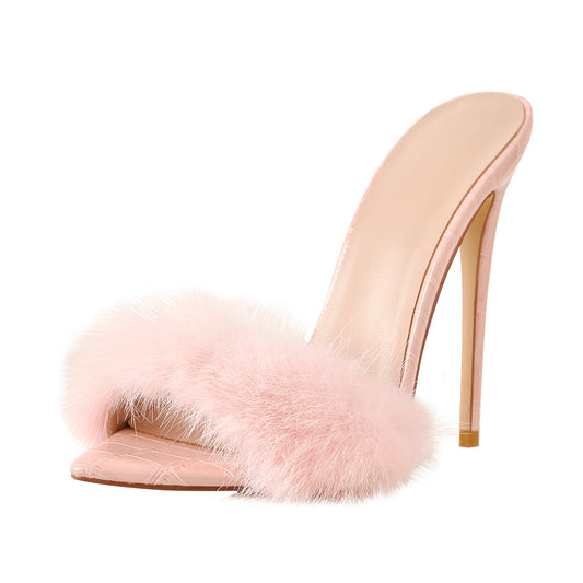 Pink Feather Open Toe High Heel Stilettos Sandals