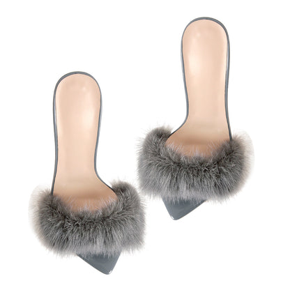 Gray Feather Pointed Toe High Heel Stilettos Sandals