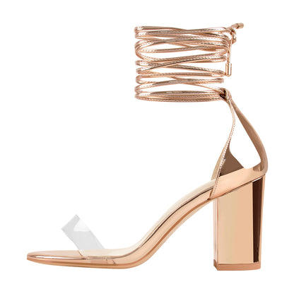 Round Toe Clear Band Strap Chunky Heels Sandals