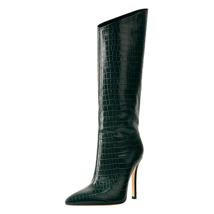 Green Stone Pattern High Heel Mid-Calf Boots