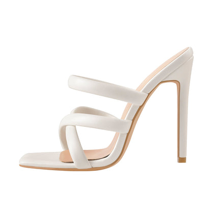 White Square Toe Matte High Heels Sandals