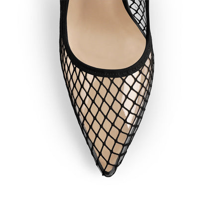 Black Fishnet Pointed Toe Ankle Metal Chain Pumps