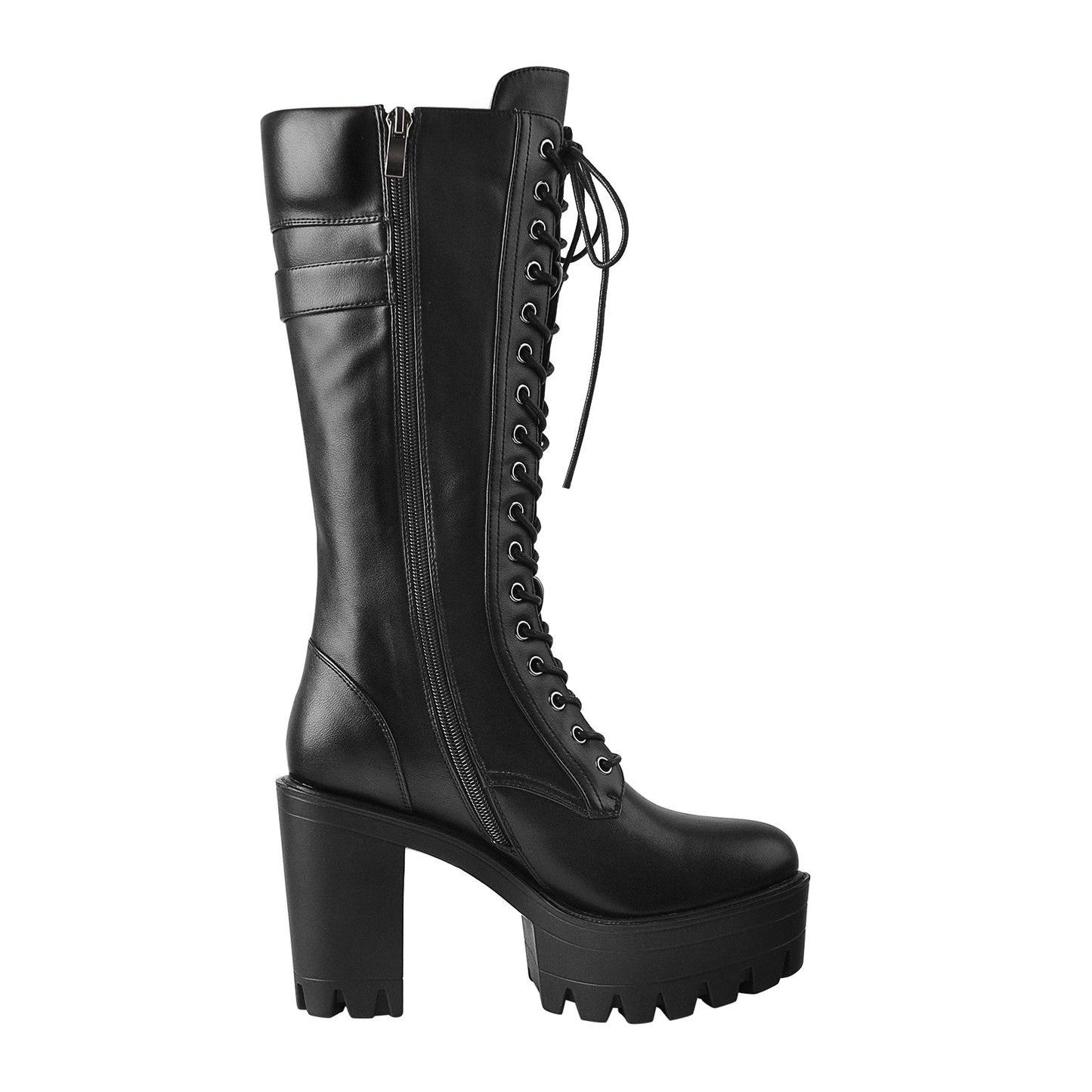 Black Patent Leather Platform Lace Up Knee High Boots