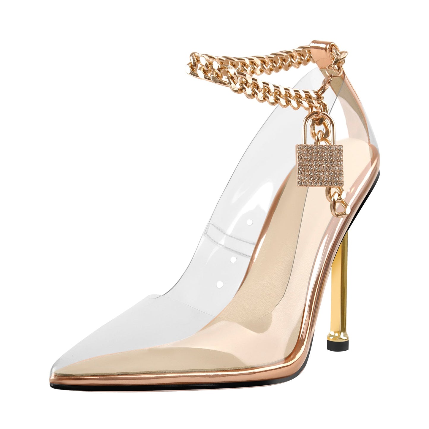 Clear Pointed Toe Metal Chain Lock High Metal Heels Stiletto Pumps