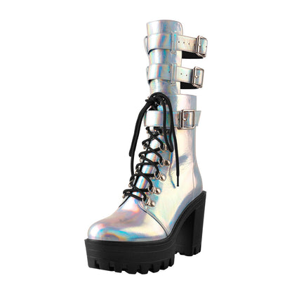 Holographic Platform Chunky Heels Boots