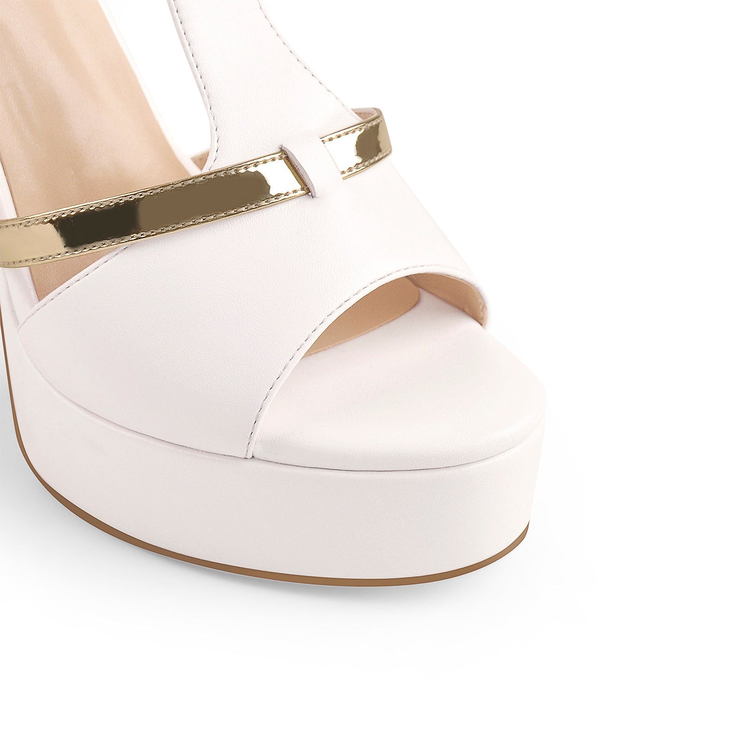 Gold T-Strap White Platform High Heel Sandals