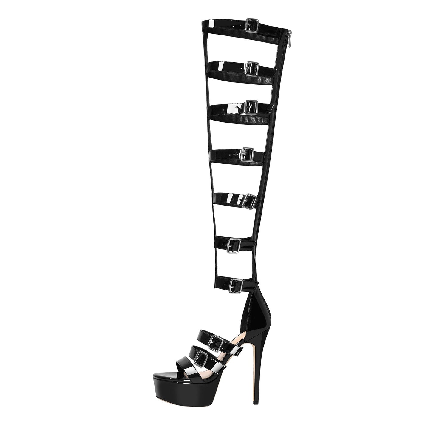 Round Toe Black Over The Knee Stiletto Boots Sandals