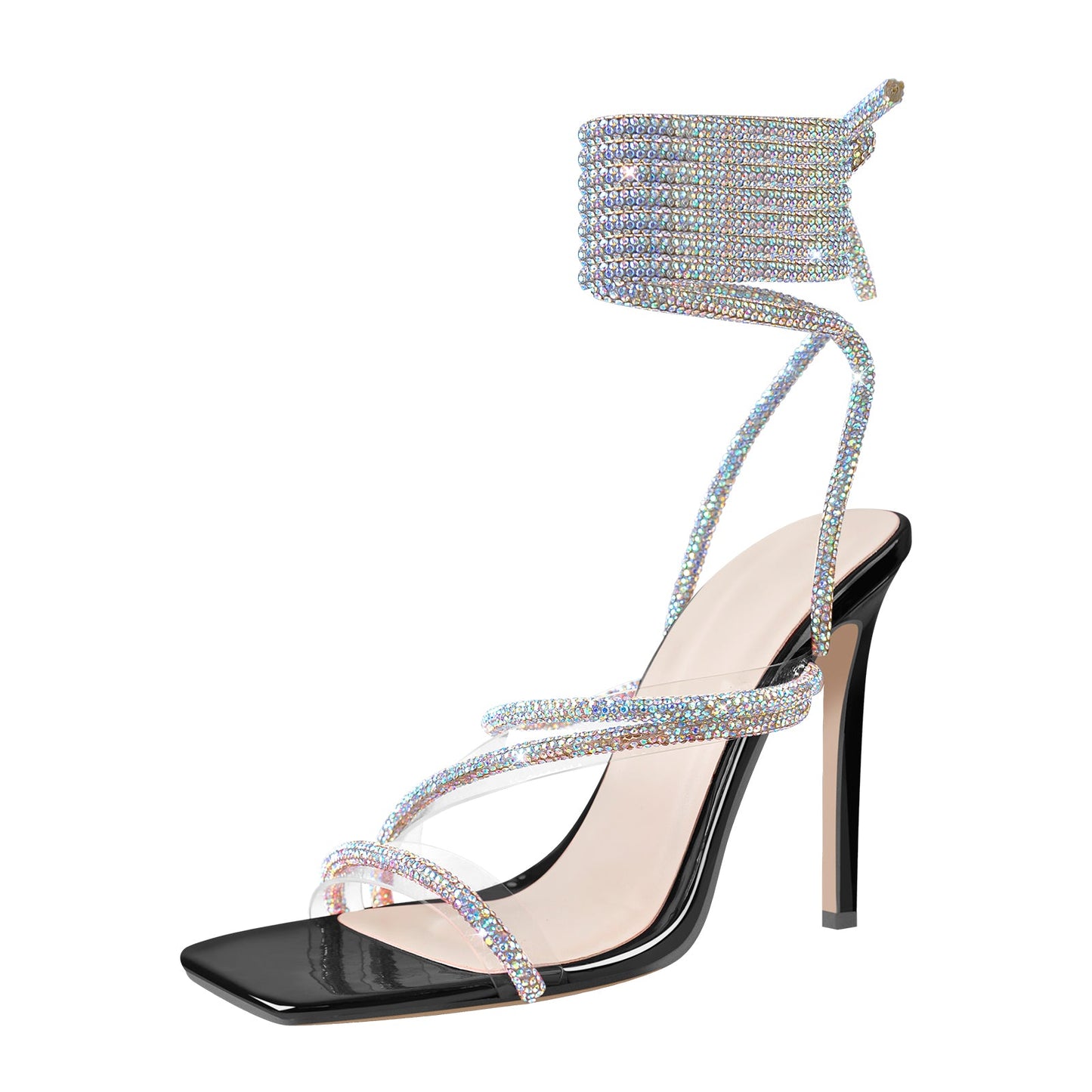 Rhinestone Square Toe Lace-up Stiletto Sandals