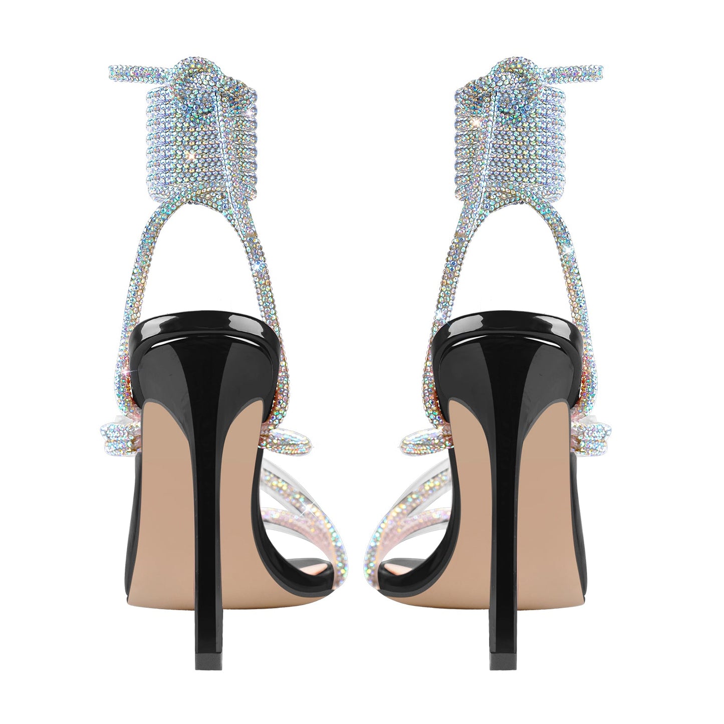 Rhinestone Square Toe Lace-up Stiletto Sandals