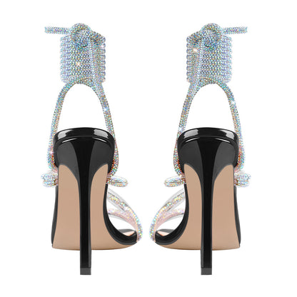 Rhinestone Square Toe Lace-up Stiletto Sandals