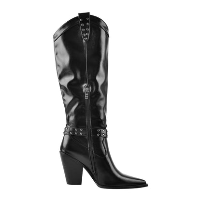 Black Pointed Toe Rivet Belt Cowboy Zipper Boots