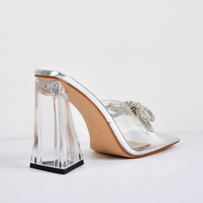 Square Toe Clear Band Diamante Bow Sandals