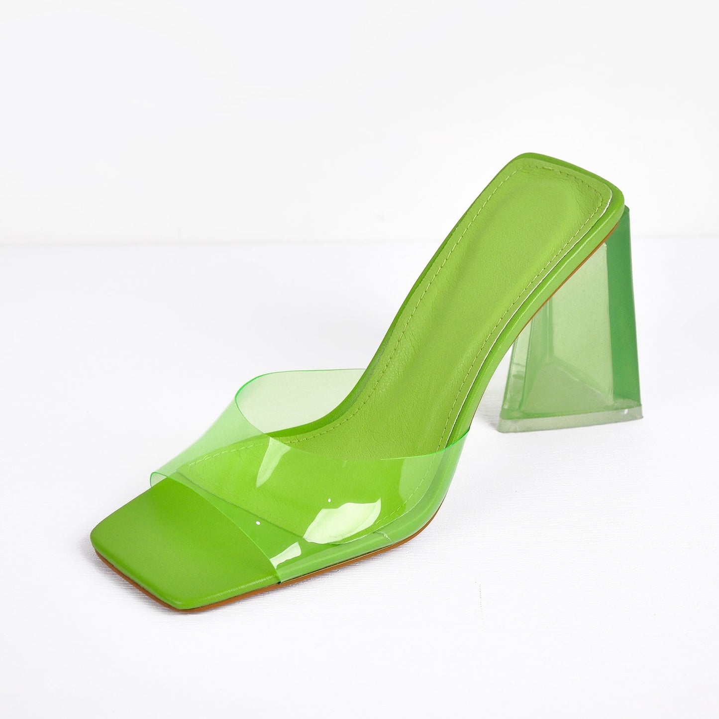 White Green Clear Chunky Heel Sandals Mules