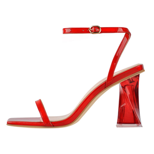 Square Open Toe High Heels Red Sandals