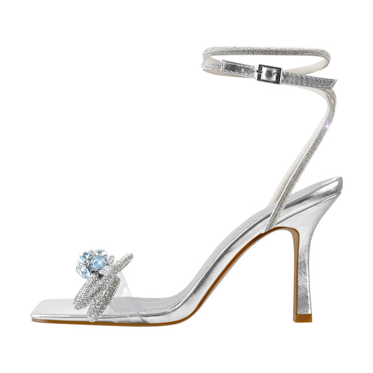 Square Toe Diamante Bow Rhinestone Ankle Strap Sandals