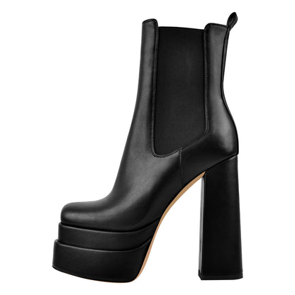 Double Platform Elastic Zipper Chunky Heel Ankle Boots