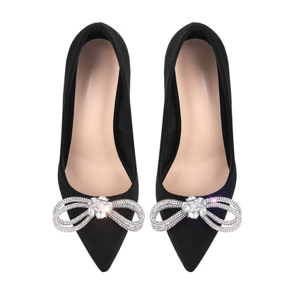 Rhinestone Bow Pointed Toe Black Suede Heels Stiletto Pumps