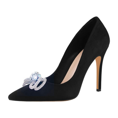 Rhinestone Bow Pointed Toe Black Suede Heels Stiletto Pumps