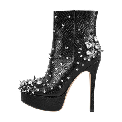 Black Rhinestone Rivet Studded Platform Ankle Boots