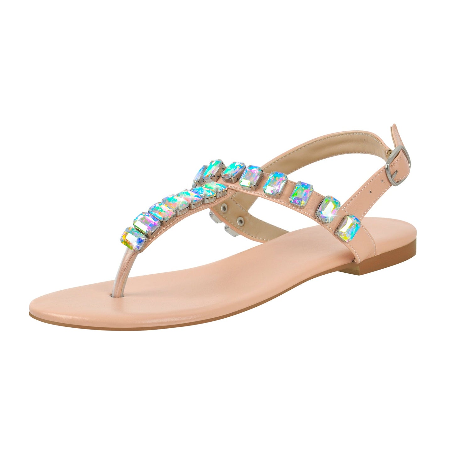 Rhinestone Flat T-Strap Thong Sandals