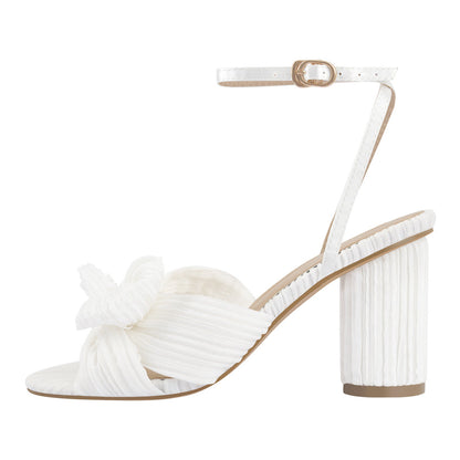 Pleated Bow Cylindrical Chunky Heel Sandals