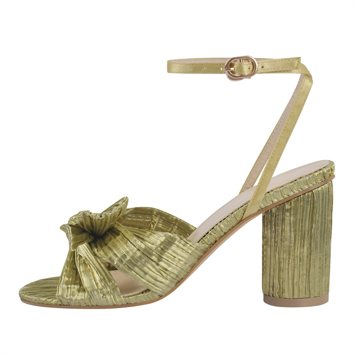 Pleated Bow Cylindrical Chunky Heel Sandals