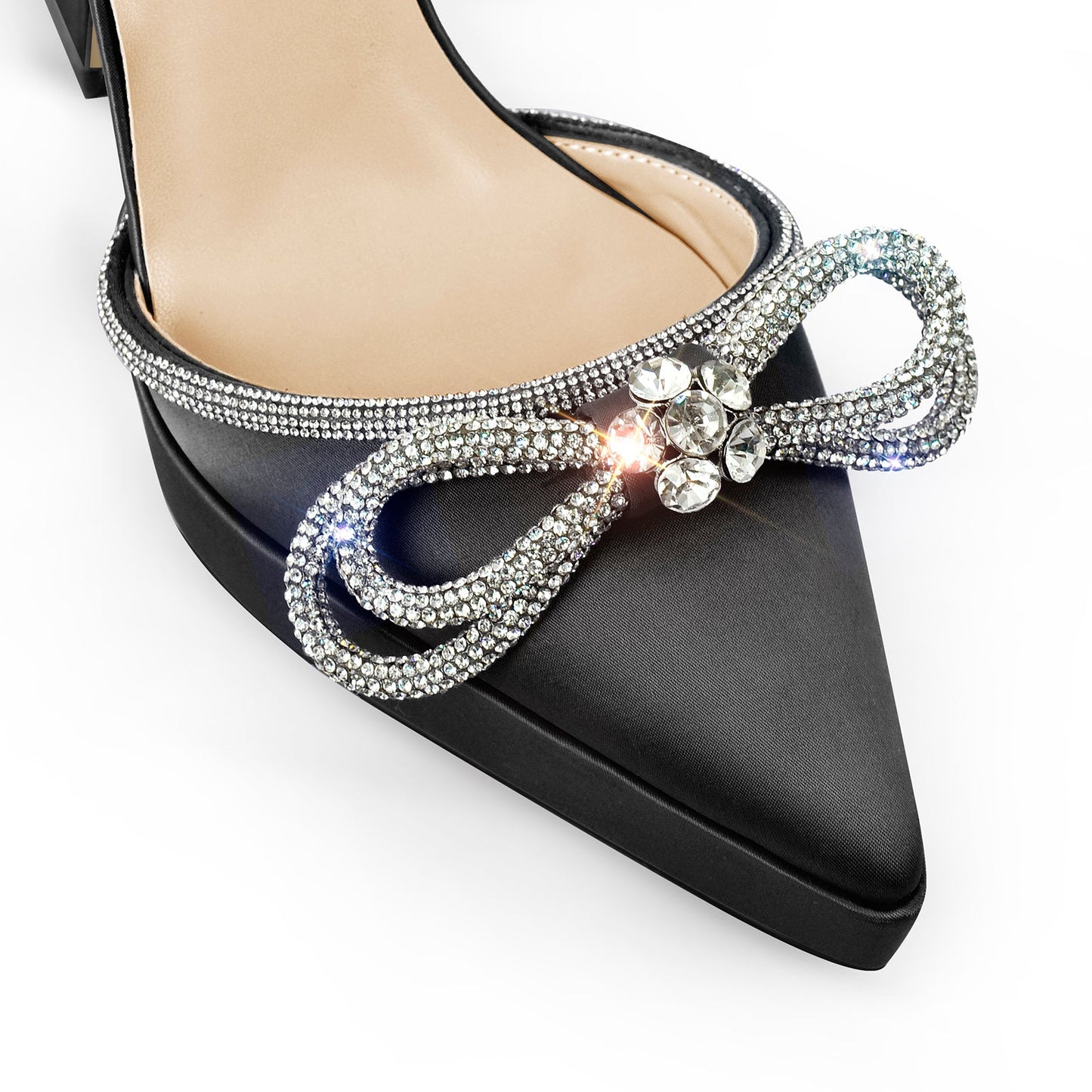 Pointed Toe Platform Rhinestone Bow Block Heel Pumps