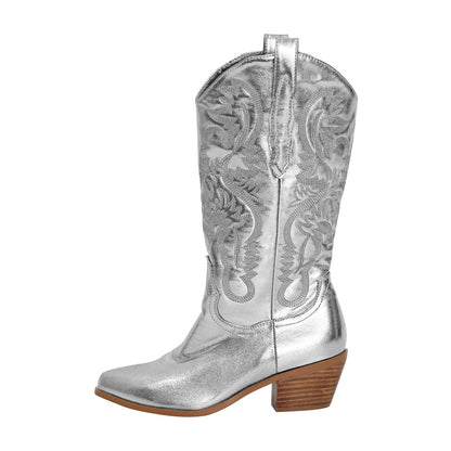 Pink Embroidered Mid-Calf Western Boots