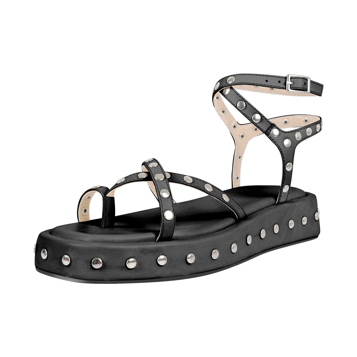 Strappy Studded Platform Flats Sandals