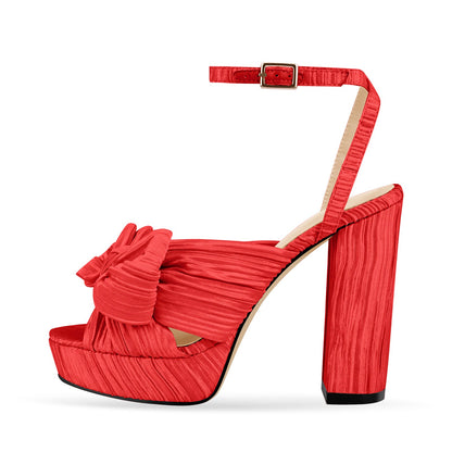 Platform Ankle Strap Pleated Bow Sandals