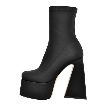 Square Toe Platform Side Zipper Ankle Boots