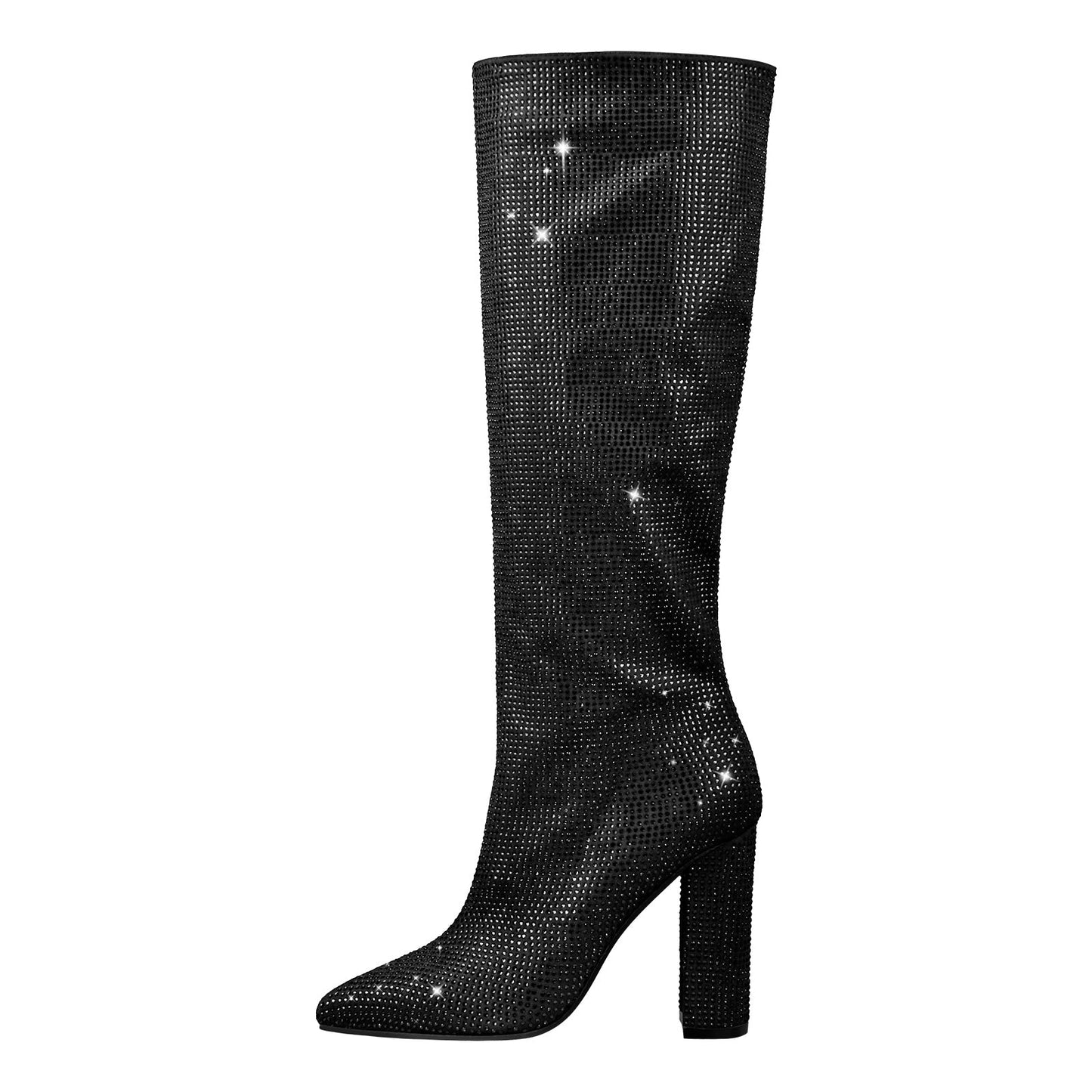 Pointed toe Chunky Heels Rhinestone Knee High Boots