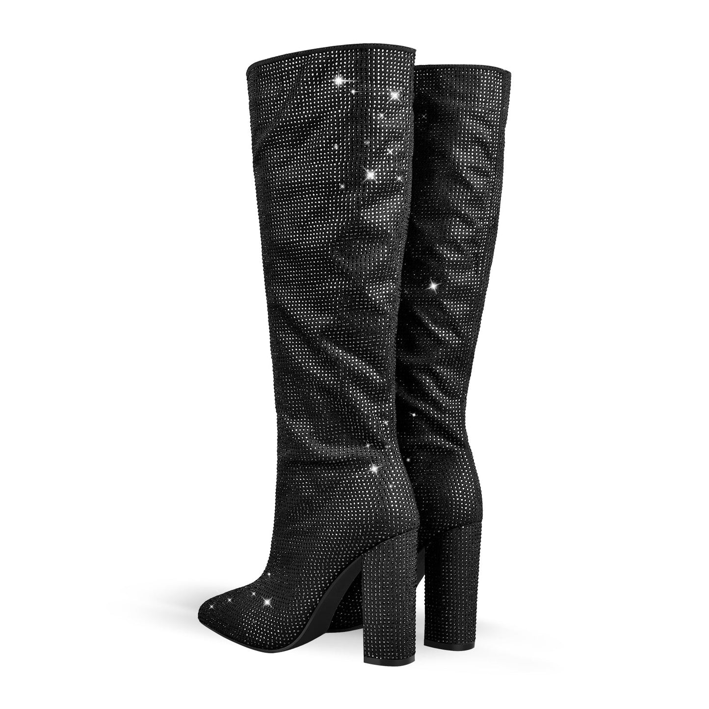 Pointed toe Chunky Heels Rhinestone Knee High Boots