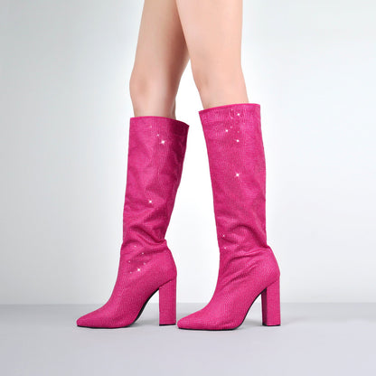 Pointed toe Chunky Heels Rhinestone Knee High Boots