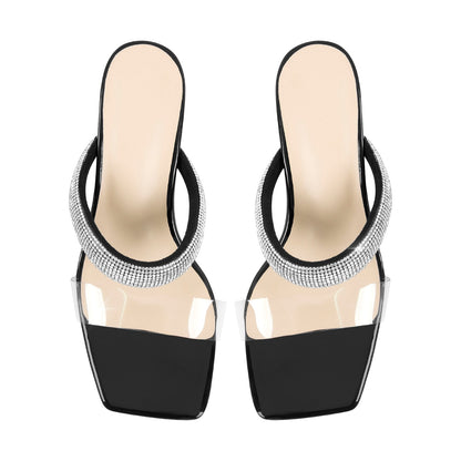 Clear Mid Block Heels Sliders Diamante Sandals