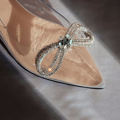 Rhinestones Bow Pointed Toe Clear Flat