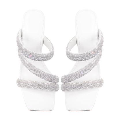 Rhinestone Strappy Slip on Chunky Heels Sandals